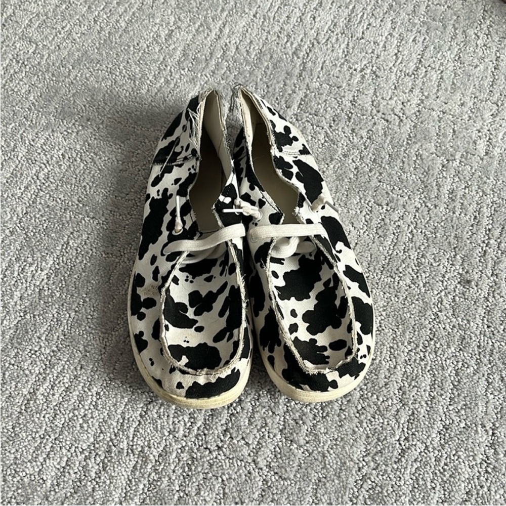 10 cow print flat slip ons - knock off hey dudes